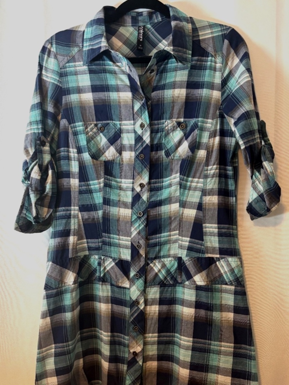 Plaid Shirt Dress Blue Teal Roll Tab Sleeve Button Front Size M